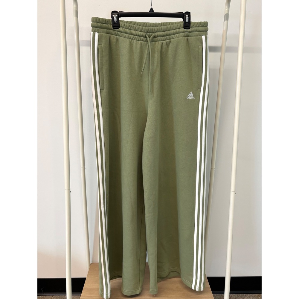 NWT Adidas Womens XL Olive Green Wide Leg Sweatpants 3 Stripe Fleece - Picture 1 of 5